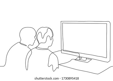 A couple friends are sitting in front wide screen TV  they are watching something enthusiastically (news  film  TV show)  One continuous line drawing looking at the monitor  for animation