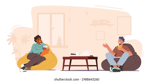 Couple of Friends Sitting on Couch, Drinking Tea, Hot Beverages and Communicating at Home. Male and Female Characters Friendship, Chatting, Leisure, Sparetime. Cartoon People Vector Illustration