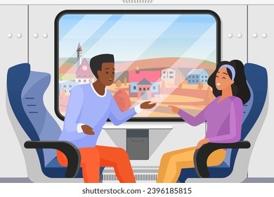 Couple or friends travel in train compartment and talk. Positive dialogue between young man and woman passengers sitting on seats by window in railway car interior cartoon vector illustration