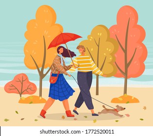 Couple or friends walking with domestic pet, puppy in autumn park. People on date stroll with little active dog on leash. Trees with yellow foliage on background. Vector illustration in flat style