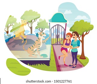 Couple of Frightened Girl Friends Stand in Front of Glass Barrier with Lions and Angry Tiger Roaring at Zoo, Visitors Walking in Animal Park, Weekend, Summer Vacation Cartoon Flat Vector Illustration