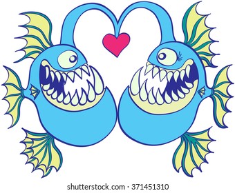 A couple of frightening deep sea fishes feeling excitedly surprised when meeting and feeling in love while forming a big heart with their illiciums, which have a red heart at their tips