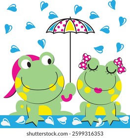 Couple of frogs with colorful umbrella under heart drops.