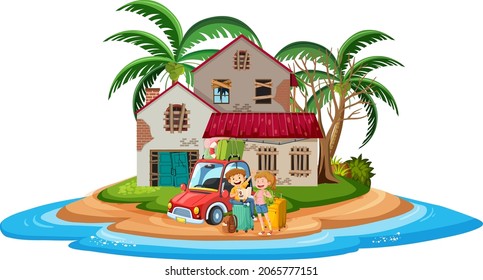 Couple in front of an abandon beach house on the island illustration