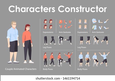 Couple front view animated flat vector characters design set. Сharacter animation creation cartoon pack. European man, woman constructor with various face emotion, body poses, hand gestures, legs kit