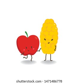 A couple fruit. Apple and corn holding hands on white background. character design vector illustration.