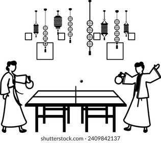 Couple fun playing table tennis or Ping pong indoor together leisure concept vector design, Chinese New Years Eve symbol, Year of the Dragon sign, China Spring Festival scene stock illustration
