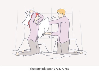 Couple. fun, recreation, fight concept. Young happy laughing smiling man woman boyfriend girlfriend fighting kicking pillows in bed at home. Active joint leisure time and funny lifestyle illustration.