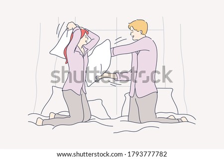 Couple. fun, recreation, fight concept. Young happy laughing smiling man woman boyfriend girlfriend fighting kicking pillows in bed at home. Active joint leisure time and funny lifestyle illustration.