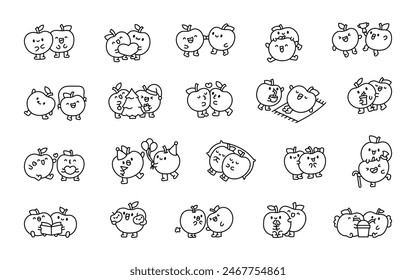 Couple funny apple friends. Coloring Page. Cute cartoon food. Hand drawn style. Vector drawing. Collection of design elements.