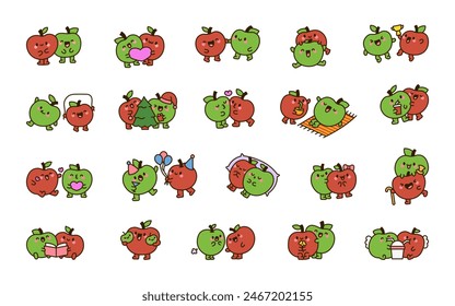 Couple funny apple friends. Cute cartoon food. Hand drawn style. Vector drawing. Collection of design elements.