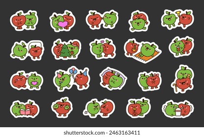 Couple funny apple friends. Sticker Bookmark. Cute cartoon food. Hand drawn style. Vector drawing. Collection of design elements.