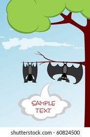 Couple of funny bats are hanging on the branch and talking