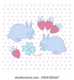 Couple funny bunnies. In doodle style. Strawberries and lucky clover leaf on a background of pink hearts. Clip art for Valentine's Day