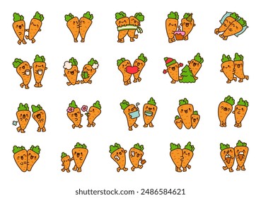 Couple of funny carrots. Cute cartoon vegetable friends. Hand drawn style. Vector drawing. Collection of design elements.