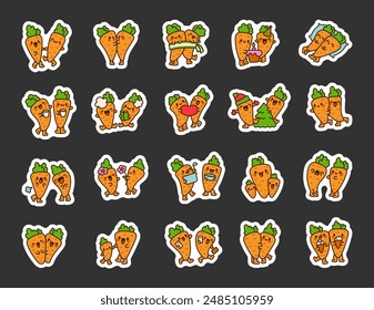 Couple of funny carrots. Sticker Bookmark. Cute cartoon vegetable friends. Hand drawn style. Vector drawing. Collection of design elements.