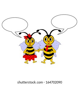 A couple of funny cartoon bees with chatting bubbles. Vector-art illustration on a white background