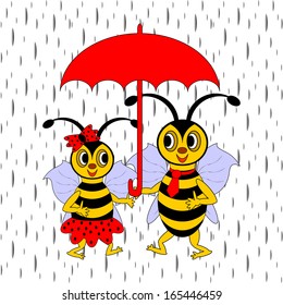 A couple of funny cartoon bees under red umbrella in the rain. Vector-art illustration