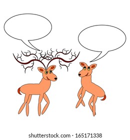 A couple of funny cartoon deer with chatting bubbles. Vector-art illustration on a white background