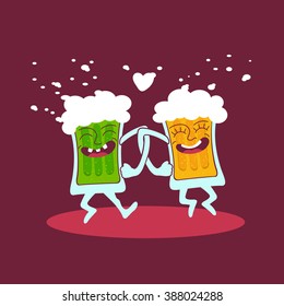 Couple of funny cartoon glasses of beer dancing. Beer friends vector icon. 