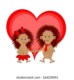 A couple of funny cartoon hedgehogs with a red heart. Vector-art illustration on a white background
