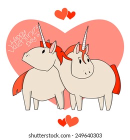 Couple of funny cartoon unicorns in love with a big pink heart backdrop. Wedding or Valentine's day romantic illustration.