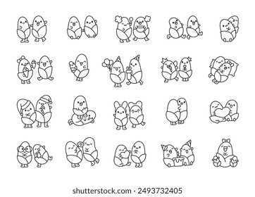 A couple of funny corn characters. Coloring Page. Cute cartoon vegetables friends. Hand drawn style. Vector drawing. Collection of design elements.