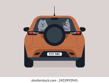 A couple of funny cute puppies sitting on a backseat of a SUV car