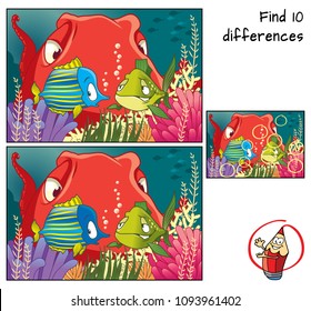 A couple of funny fish and octopus. Find 10 differences. Educational game for children. Cartoon vector illustration