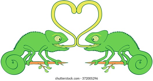 A couple of funny green chameleons with bulging eyes and curly tails looking surprised, smiling, staring at each one and sticking their tongues out to form a big heart while falling in love