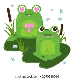 Couple of funny green frogs in love sitting.