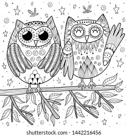 Couple of funny owls sitting on the branch coloring page for adults and kids. Zen art. Vector illustration