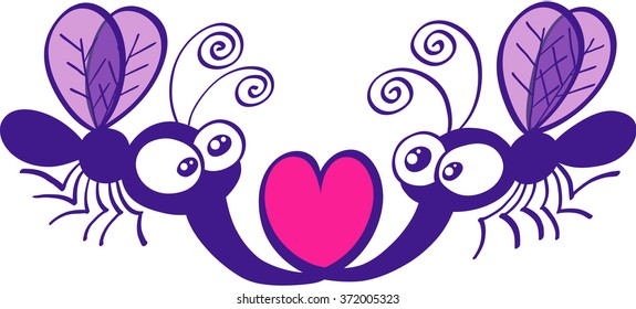 A couple of funny purple mosquitoes looking surprised, staring at each other and forming a heart with their proboscises while floating in the air and falling in love