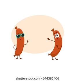 Couple of funny sausage characters, one in sunglasses giving thumb up, another pointing to it, cartoon vector illustration with space for text. Two sausage characters, mascots, cute and happy