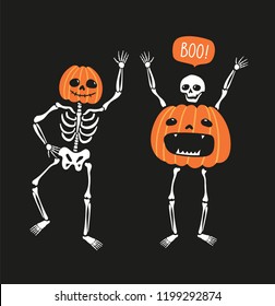 Couple of funny skeletons with pumpkins. Greeting card for Halloween. Cute hand drawn vector design for day of the dead.