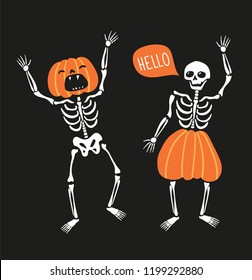 Couple of funny skeletons with pumpkins. Greeting card for Halloween. Cute hand drawn vector design for day of the dead.