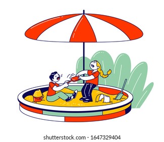 Couple of Funny Toddlers Playing at House Yard Sitting in Sandbox Fighting for Plastic Shovel, Children in Kindergarten Leisure Games, Preschool Education. Cartoon Flat Vector Illustration, Line Art