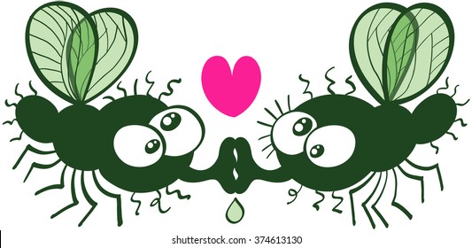 A couple of funny and ugly flies with crossed eyes, small wings and long proboscises having a romantic encounter, kissing, drooling, showing a pink heart and falling madly in love