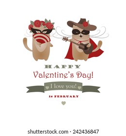 Couple of funny valentine cats, macho cat and his girlffriend. Vector romantic greeting card
