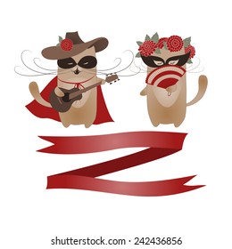 Couple of funny valentine cats, macho cat and his girlffriend. Vector romantic greeting card