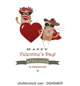 Couple of funny valentine cats, macho cat and his girlffriend. Vector romantic greeting card