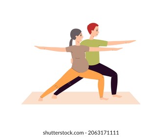 Mehrere zukünftige Eltern machen Yoga zusammen, flache Vektorgrafik einzeln auf weißem Hintergrund. Schwangerschaftskurse bei Schwangeren vereinen Szene mit schwangeren Frauen.