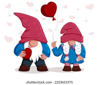 Couple of garden gnomes in love. Cute gnome boy and gnome girl with red hearts on the white background. Vector isolated cartoon flat character