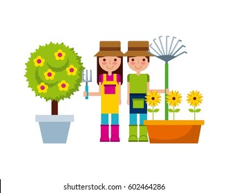couple of gardeners with beutiful flowers over white background. colorful design. vector illustration