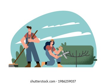 couple gardeners characters practicing activities