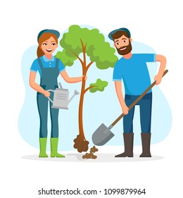 Couple Of Gardeners, Farmers Planting Tree In The Park Vector Flat Illusration Isolated On White Background. Young Cheerful People Working In Garden.