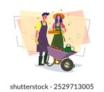 Couple of gardeners growing plants vector illustration. Man and woman in aprons and rubber gloves holding wooden case and barrow with sprouts. Gardening concept for banner or web design