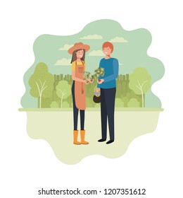 couple of gardeners with landscape avatar character