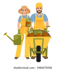 Couple of gardeners. Man with wheelbarrow of earth, a woman holding a flower pot and watering can. Vector illustration.