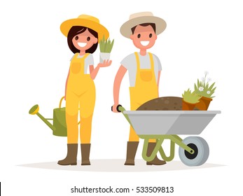 Couple of gardeners. Man with wheelbarrow of earth, a woman holding a flower pot and watering can. Vector illustration in a flat style